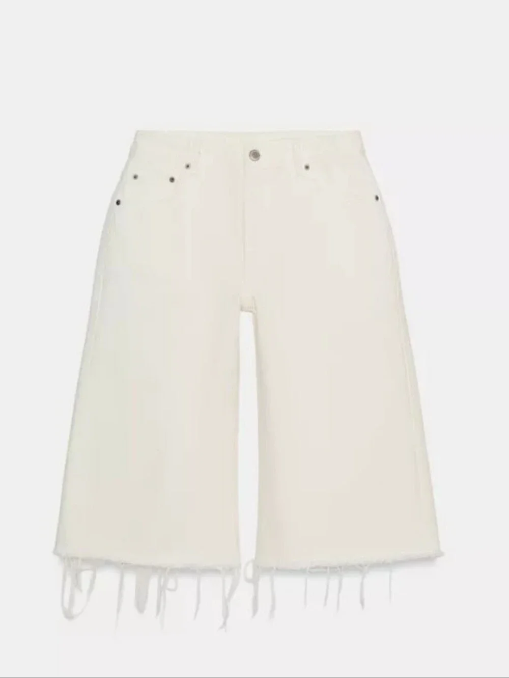 Zara Zw Collection Frayed-Hem Ecru White Denim Long Shorts Sz-6
